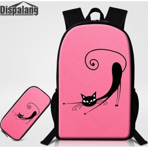 Pink Cat Printing Big Capacity School Backpacks For Girls 2 PCS Set Bookbag Pencil Case For Pupils Women Travel Rucksack Bagpack