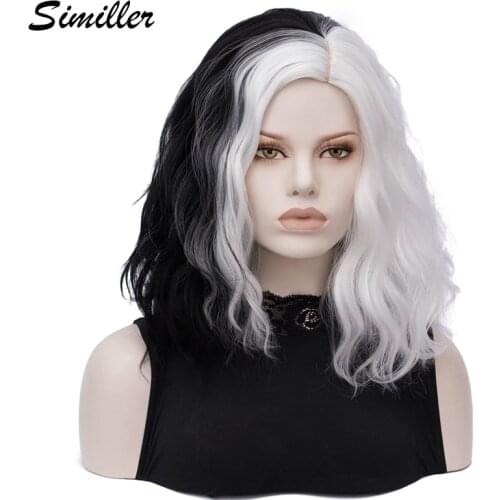 Similler Black White Patchwork Colors Short Cosplay Wigs for Women Curly Synthetic Hair Central Part with Free Wig Cap