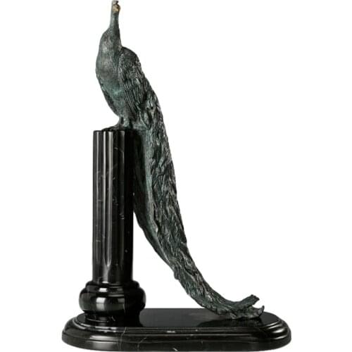 Peacock Sculpture Wildlife Long-tail Peafowl Statue Bronze Vintage Animal Art Figurine for Study Home Decor Greenish