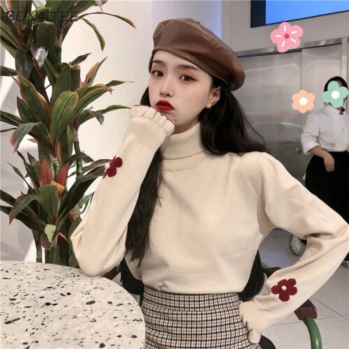 Sweater Women Turtleneck Ruched Sleeve Floral Kawaii Girls Sweet Knitting HOT New Casual All-match Slim Elegant Womens Clothing