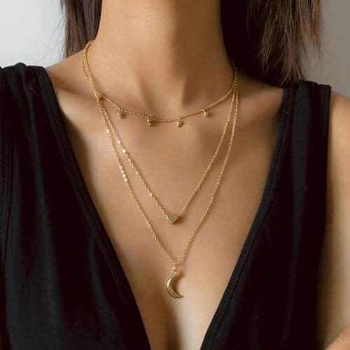 Vintage Multilayer Love Heart Moon Pendant Necklace Women Elegant Beads Chain Geometric Clavicle Necklace Colar Jewelry Gift