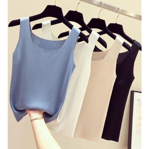 LJSXLS All-match Sleeveless Knitted Women Tank Top 2021 Summer Solid Color Elegant Tank Tops Female Blue Casual Women Clothing