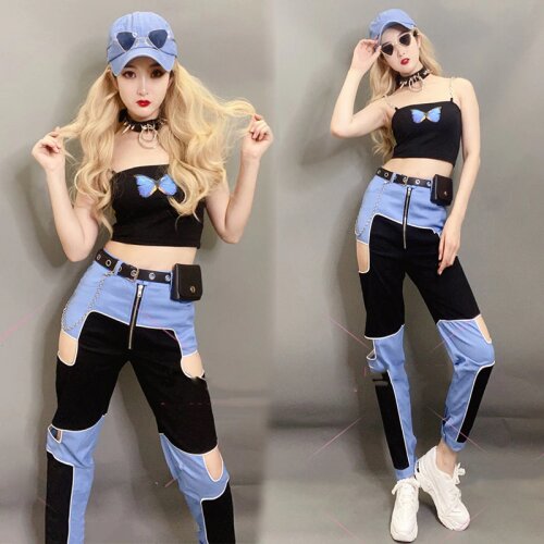 Hip Hop Street Dance Performance Costume Female Jazz Dancing Practice Clothing Stitching Blue Trousers Nightclub Suit DNV13082