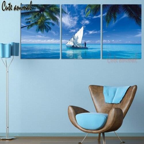 3 Panel Ocean Sailing coconut tree DIY Diamond Painting cross stitch Mosaic Home Decor embroidery with diamond natural scenery