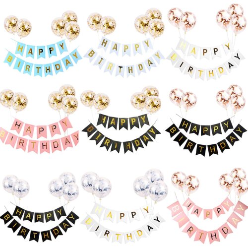6pcs Happy Birthday Flag Pull Banner Sequin Confetti Latex Balloon Set Combination Child Birthday Party Decoration Balloon