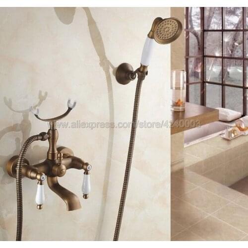 Antique Brass Wall Mounted Bathtub Mixer Faucet Double Handle Tub Water Taps With Ceramic Handshower Ktf156