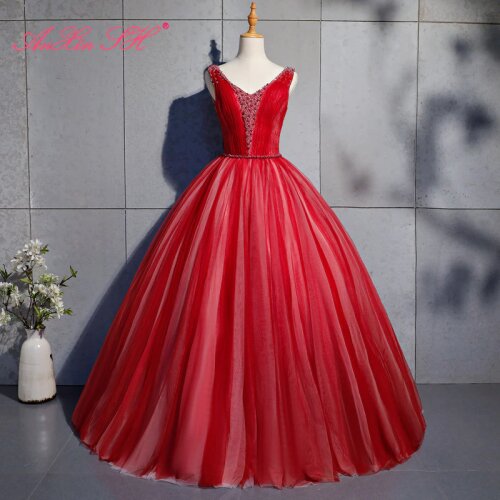 AXJFU princess red flower lace evening dress luxury vintage bride beading crystal red peals v neck bow gown long evening dress