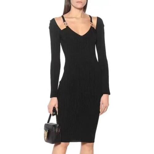 Free Shipping Wholesale Womens Dress Black Long Sleeve V-Neck Stretch Knit Sexy Celebrity Cocktail Party Bandage Dress