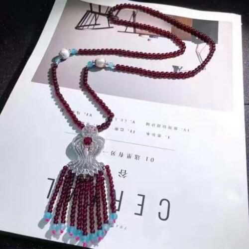 Noble natural 6mm Garnet flower clasp accessory sweater chain inlay zircon flower Clasp Necklace womens fine jewelry 32inch