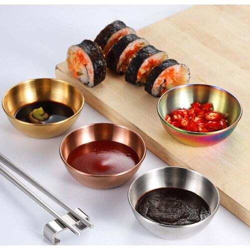 1/4Pcs Golden Sauce Dish Appetizer Serving Tray Small Bowl Stainless Steel Sauce Dishes Spice Dish Plates Kitchen Supplies