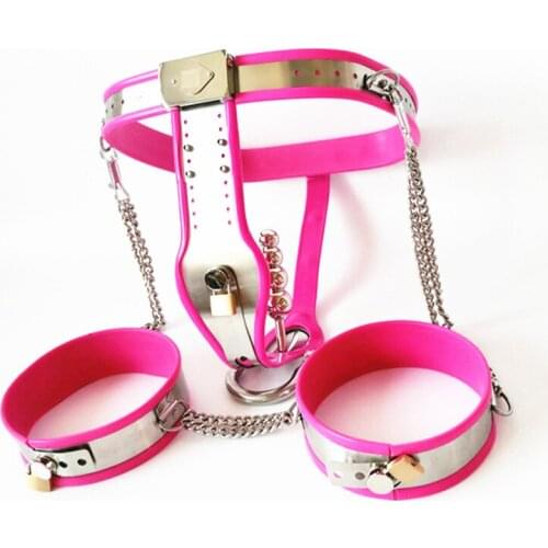 Female Chastity Device Pink Chastity Belts with Thigh Rings and Stainless Steel Anal Vaginal Plug Restraints Pants Sex Toy G5-7
