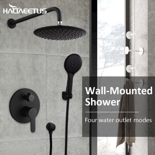 Bathroom Shower Combo Set Wall Mounted Bathroom Shower Faucet Sets Matte Black Round Modern Rainfall Shower Bath Mixer Tap