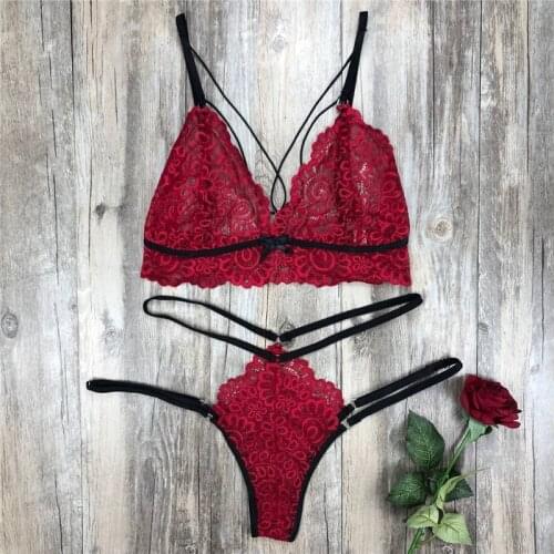 Red Women Sexy Lingerie Set Quality Lace Babydoll Transparent Bra Set Comfortable Deep V Hot Erotic G-String Open Underwear Sets