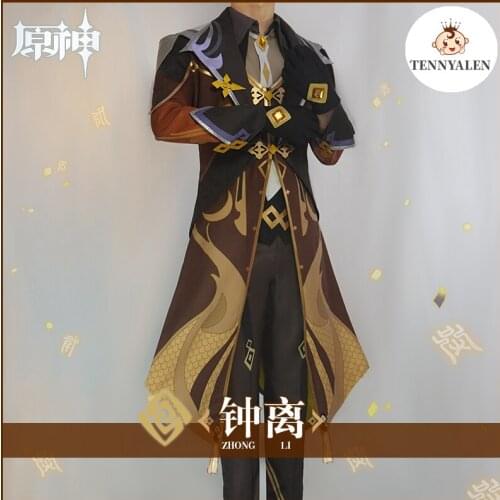 Game Genshin Cosplay Impact Costume Anime Project Rock King Zhongli Men Windbreaker Jacket Shirt Gloves Earring Accessories Set