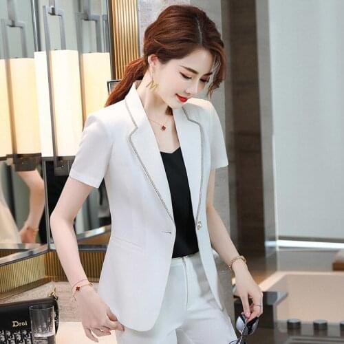 Summer Short Sleeve Formal Uniform Designs Pantsuits Ladies Office Work Wear Blazers Career Professional Business Work Wear Set