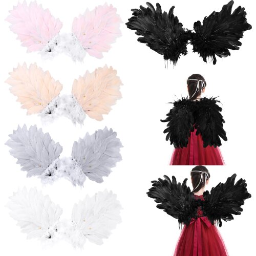 Kids Natural Real Feather Angel Wings with Lace Masquerade Carnival Roleplay Party Stage Performance Dance Costume Accessories