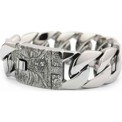 LINSION 6 Lengths Deep Engraved 316L Stainless Steel Jesus Crucifix Cross Link Chain Mens Biker Bracelet 5D201