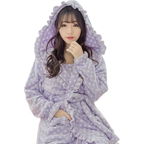 Cute Thick Flannel Nightgown Women Lace Bathrobe Ruffled Sleepwear Nightgown Nusette Femme Lovely Negligee Robes Flannel Winter
