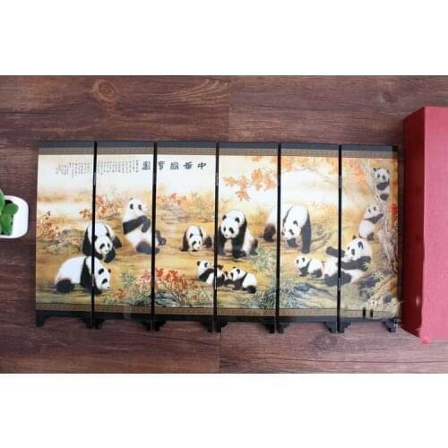 Mini ) Exquisite Chinese Classical Lacquer Painting Folding Screen - Cute Pandas