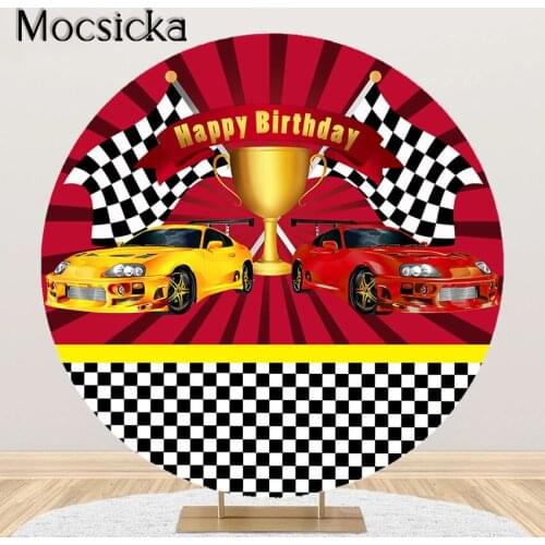 Mocsicka Racing Car Party Photography Background Red Race Car Birthday Party Decoration Round Circle Backdrop Cover Elastic