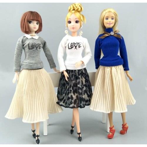 Fashion Doll Clothes For Barbie Dolls Elegant Lady Top Blouses Chiffon Pleated Midi Skirt Clothes 1/6 Dolls Accessories Kids Toy