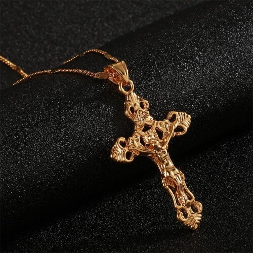 Trendy 24K Gold Color Catholic Cross Jesus Christ Cross Pendant Necklace Jewelry