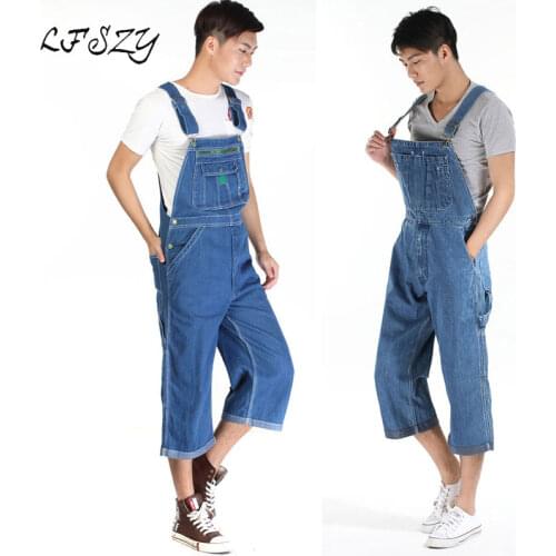 Hot 2020 Mens Denim Overalls Mens Overalls Jumpsuit Large size strap Straight pants Blue jeans More sizes 48 50 Denim shorts