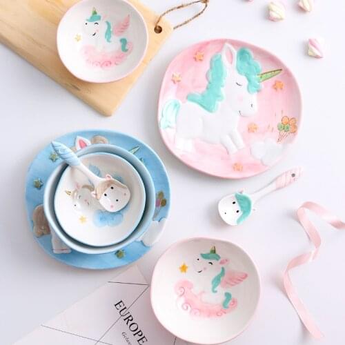 Ceative Unicorn Cartoon Tableware Set Plate Bowls Spoon Set Cute Plate and bowls for Childrens Gift Boys' and Girls' Present