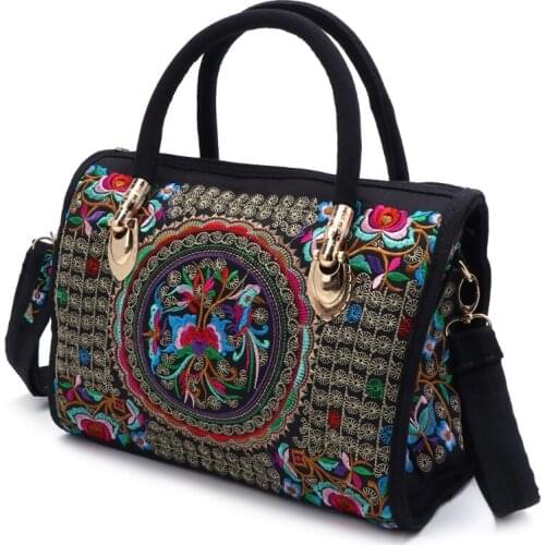 2019 New Arrive Women Floral Embroidered Bag Boho Ethnic Canvas Shopping Tote Zipper Bag B1-52