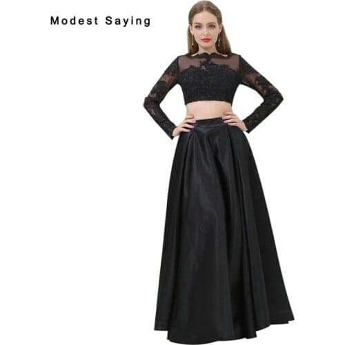 Sexy Sheer Black A-Line Long Sleeve Crop Top Lace Evening Dresses 2017 Summer Girls Long Party Prom Gowns vestido de noche B016