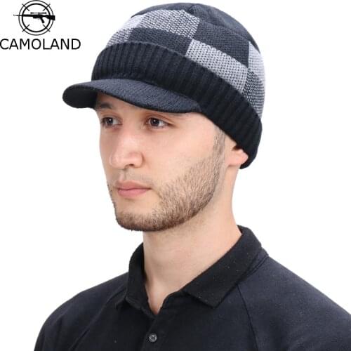 CAMOLAND Winter Hats Men Skullies Beanies Hat Fashion Plaid Pattern Thermal Faux Fur Hedging Cap For Male Warm Knitted Beanies