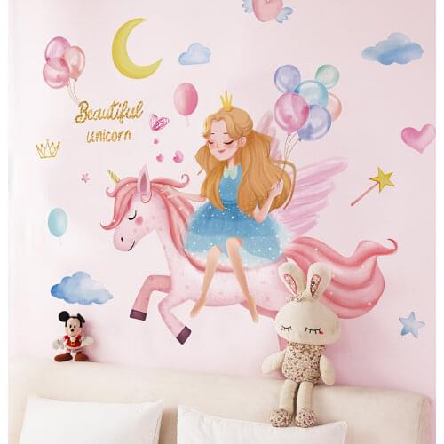 [shijuekongjian] Cartoon Girl Wall Stickers DIY Unicorn Animal Wall Decals for Kids Bedroom Baby Rooms Nursery House Decoration