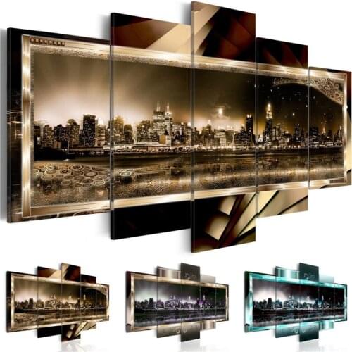Modern Painting Canvas 5 Panels City Night Abstract Beautiful New York City and Liver Living Room Wall Art Home Decor