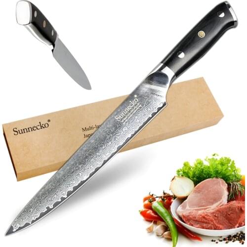 SUNNECKO 8'' inch Slicer Kitchen Chef Knife 73-Layer Damascus VG10 Steel Black G10 Handle Razor Sharp Strong Blade Cooking Tools