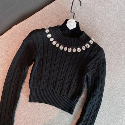 Rhinestone Collar Sweater for Women Short Slim New Inner Wear Outerwear Fashionable Round Neck Knit Top Ladys Chic Tops