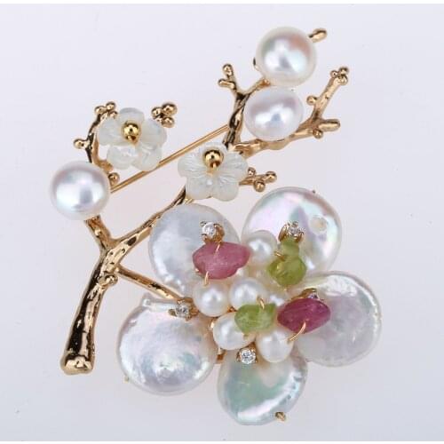 YACQ Women Freshwater Pearl Peridot Watermelon Quartz CZ Flower Pin Brooch Luxury Gemstone Handmade Jewelry Christmas Gift Girl