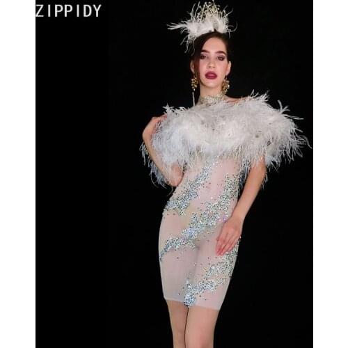 Bright Rhinestones White Feather Mesh MINI Dress Evening Birthday Celebrate Outfit Transparent Female Singer Show Dress