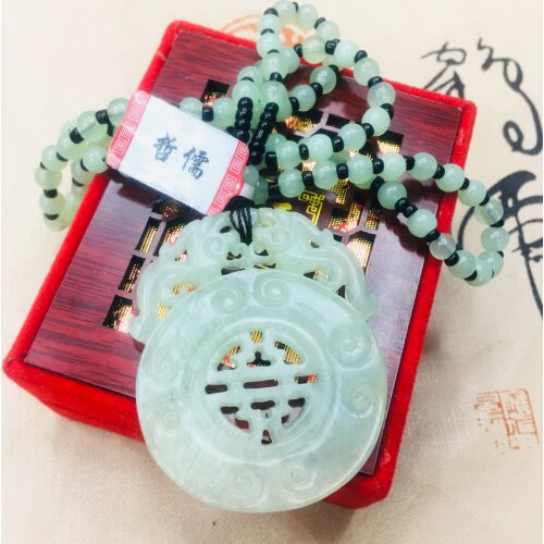 Zheru Jewelry Natural Hetian jade light green hollow double dragon pendant with Yuzhu necklace Men and women sweater chain
