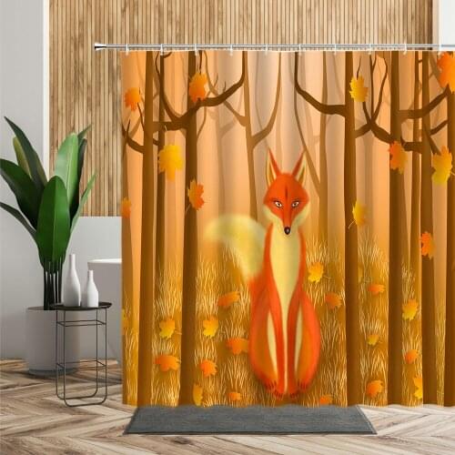 Cartoon Forest Animal Shower Curtain Cute Fox Maple Leaf Woods Kids Bathroom Decor Waterproof Bath Cloth Creative Child Curtains