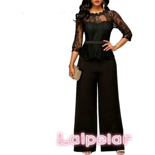 Laipelar Lace Top Sexy Jumpsuit Women Rompers New Overalls Office Lady Elegant Half Sleeve Wide Leg Jumpsuits D31-AE03