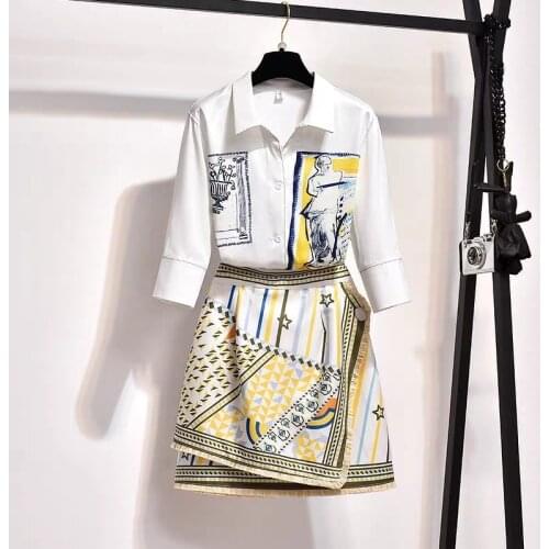 Summer 2 pieces suits vintage print blouse shirt women tops + skirts set Women two piece set tracksuit