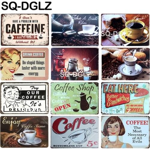 [SQ-DGLZ] CAFFEINE Tin Sign Enjoy Coffee Metal Sign Wall Decor Coffee Shop Metal Crafts Plaques Open