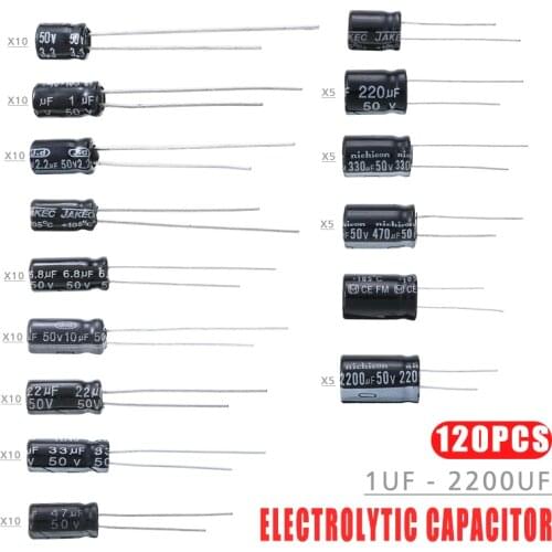 120pcs 50V 15 Values 1uF - 2200uF Aluminum Electrolytic Capacitor Assortment Kit Set Fixed Capacitors Electrical Supplies