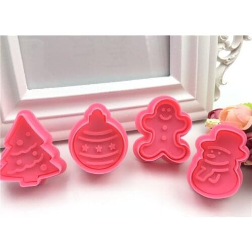 4 pcs/set Christmas Tree Gingerbread Man Plastic Cookie Mold Plunger Cutter Stamp Fondant Embosser Die 3D Biscuit Cake Molds