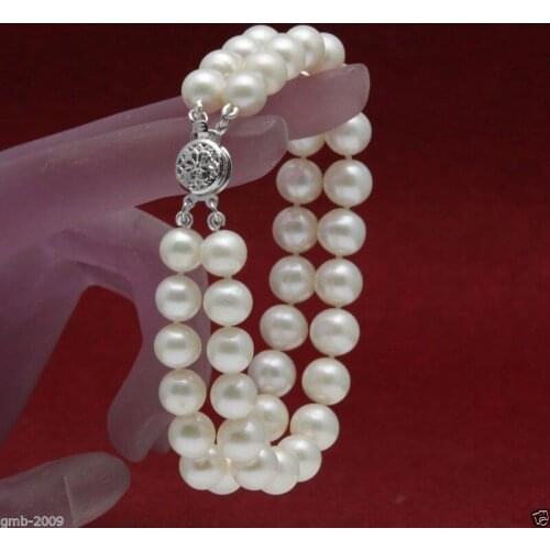Womans New gift AAA+ 2 Rows 7-8mm White Natural Freshwater Akoya Pearl Bracelet 7.5-7.8" Grade hook