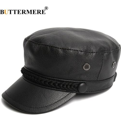 BUTTERMERE Luxury Hat Women Men Genuine Leather Military Caps Black Real Leather Sailor Hats Male Autumn Winter Cowskin Cap