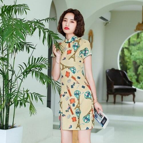 Young Lady Short Sleeve Novelty Cheongsam Summer Sexy Slim Mini Qipao Elegant Mandarin Collar Exquisite Chinese Dress S-3XL