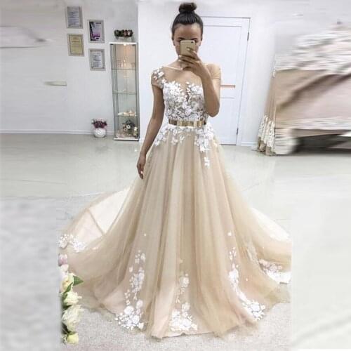 Elegant Champagne Appliques Lace Tulle Short Sleeves Formal Evening Dresses Long Prom Dress Party Gown abendkleider