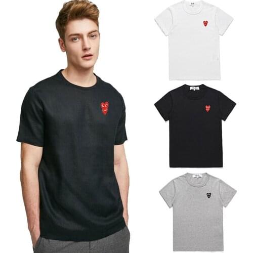 PLAY Men Women T-shirt Overlap Embroidery Double Heart Round Neck Short-sleeved Cotton T-shirt Summer Loose Casual CoupleT-shirt