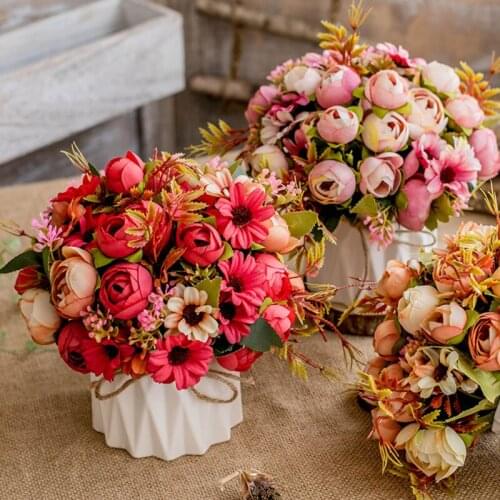 Artificial Flower With Vase Ceramic Hemp Rope Vase Rose Artificial Plants Potted Wedding Decoration Fake Flower Bonsai